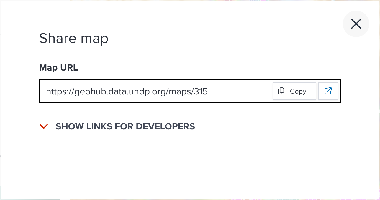Shared URL is shown in the dialog after saving a map