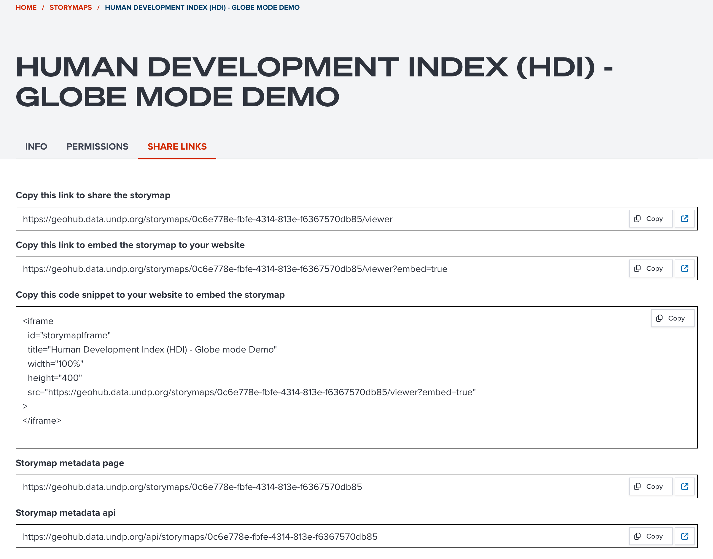SHARE LINKS tab of a storymap