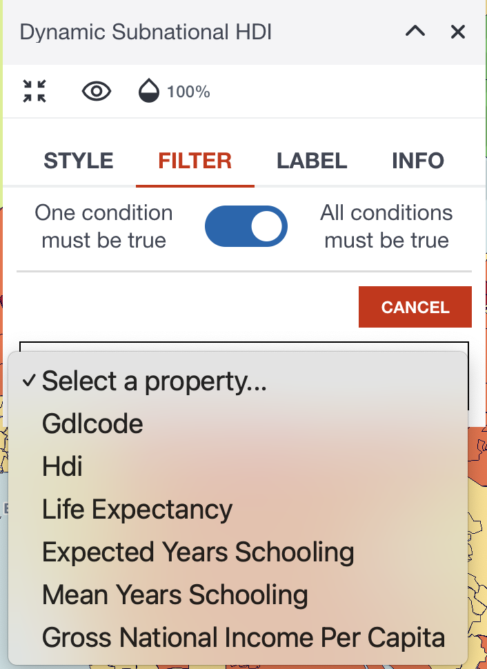 Selecting a property to apply this rule of filtering